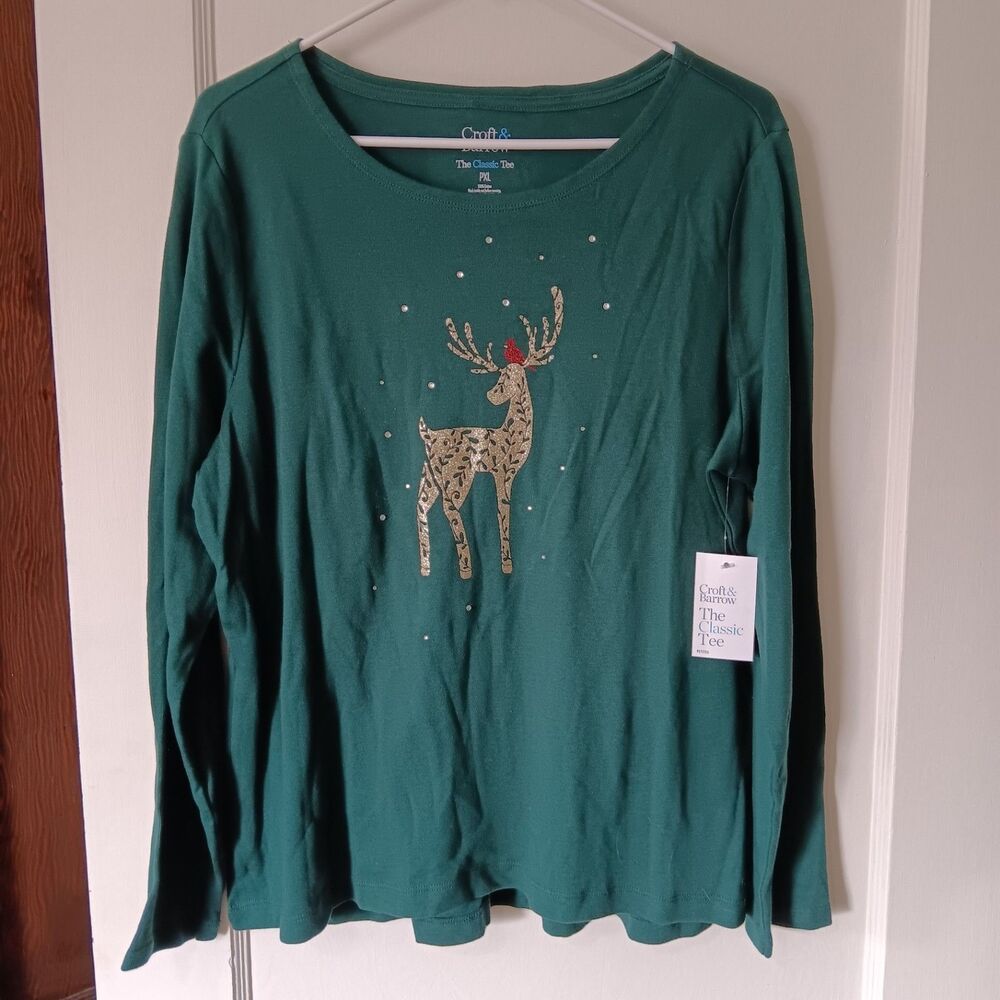 Croft & Barrow Christmas Reindeer Long Sleeve Tee PXL NWT Petite Green Holiday